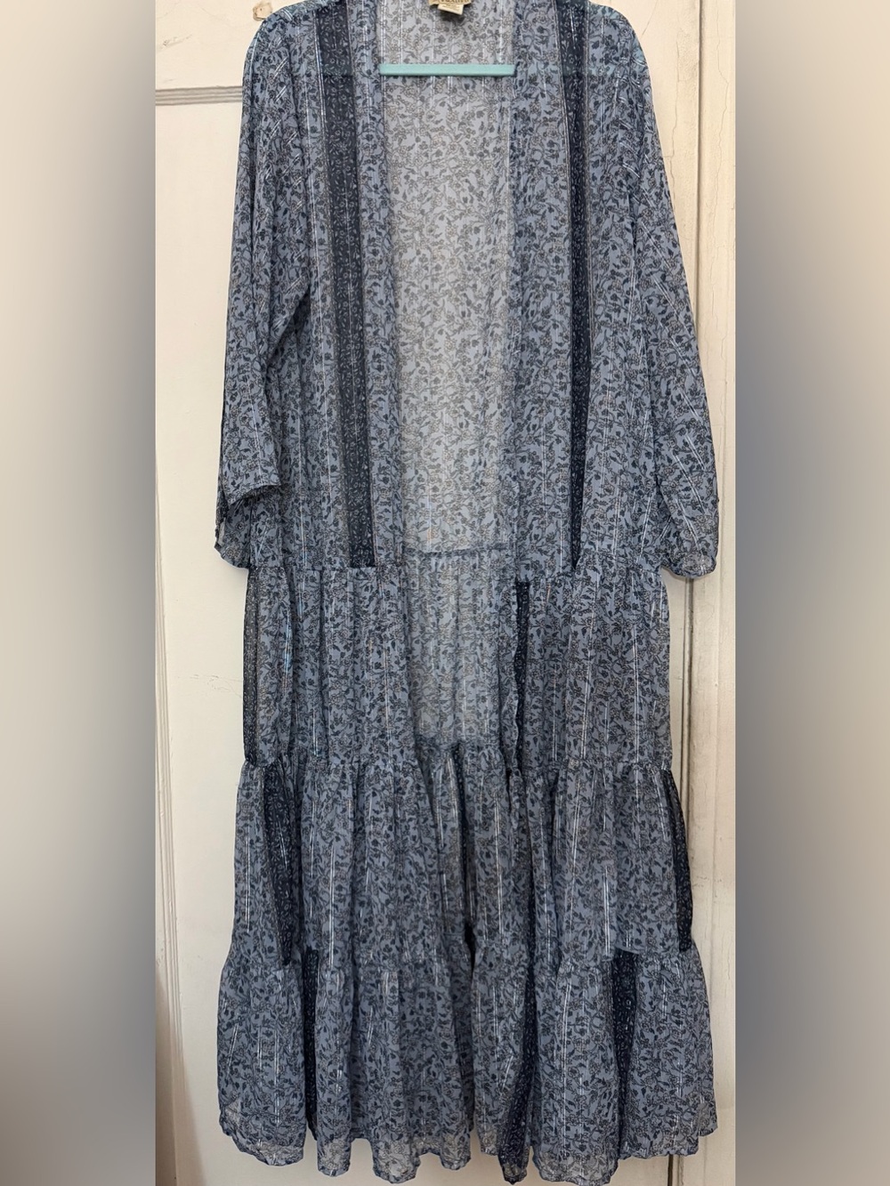 Making Indian cover up Blue Floral Tiered  long open Duster